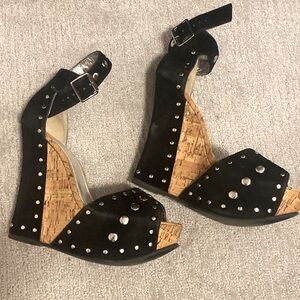 Bebe silver studded ankle strap faux suede open toe black wedges.